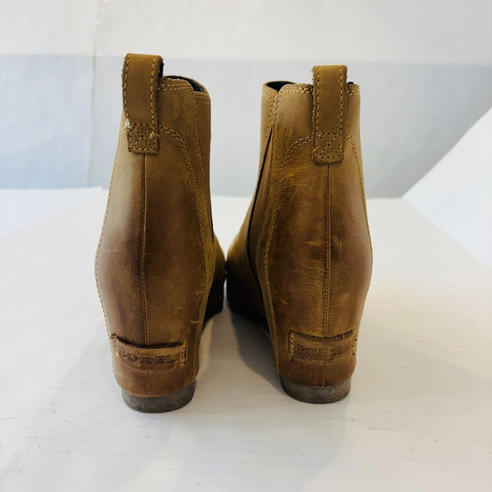 Sorel Lea Hidden Wedge Boots Brown Leather Womens Sz 8.5 Chelsea Ankle Slip On - Picture 9 of 10